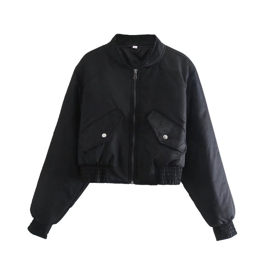 Damen modische cropped Bomberjacke mit praktischen Taschen und elastischen Bündchen EB