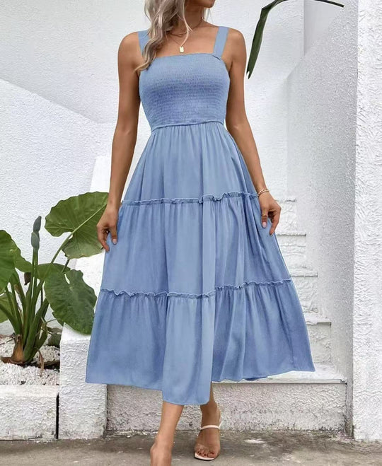 Damen Maxikleid mit elastischem Bustier und fließendem Rock EB