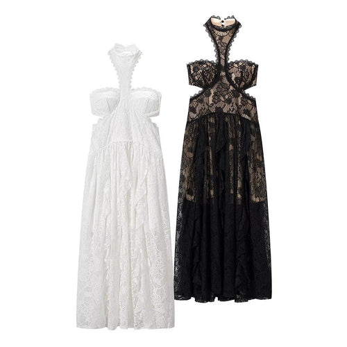 Damen Spitzenmaxikleid mit raffinierten Rüschendetails und elegantem Halterneck EB