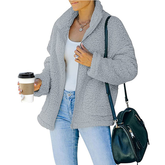 Damen kuschelige Fleecejacke mit Oversized-Schnitt und tiefem Kragen EB