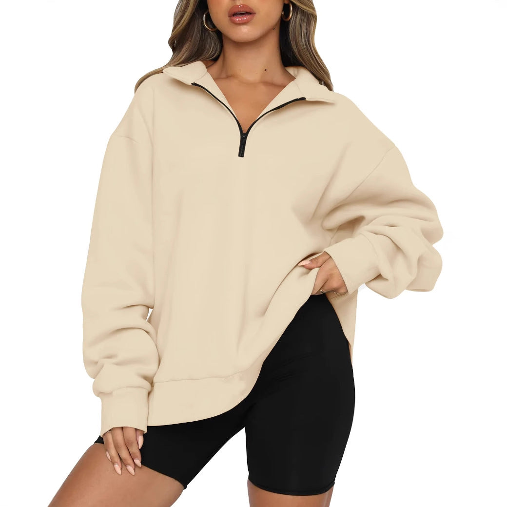 Damen Sportlicher Oversized Pullover mit Reißverschluss und seitlichem Schlitz EB