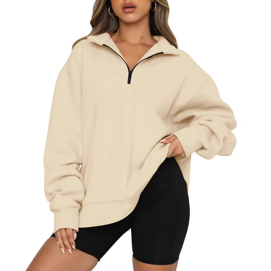 Damen Sportlicher Oversized Pullover mit Reißverschluss und seitlichem Schlitz EB