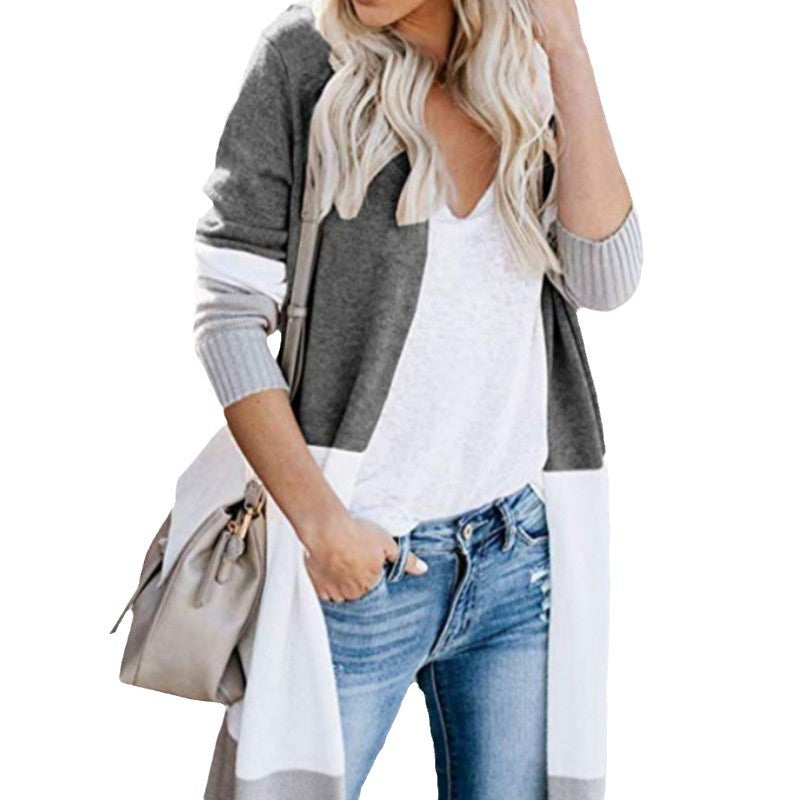 Damen lässiger Strickcardigan mit modernen Farbblockdetails und langen Ärmeln EB