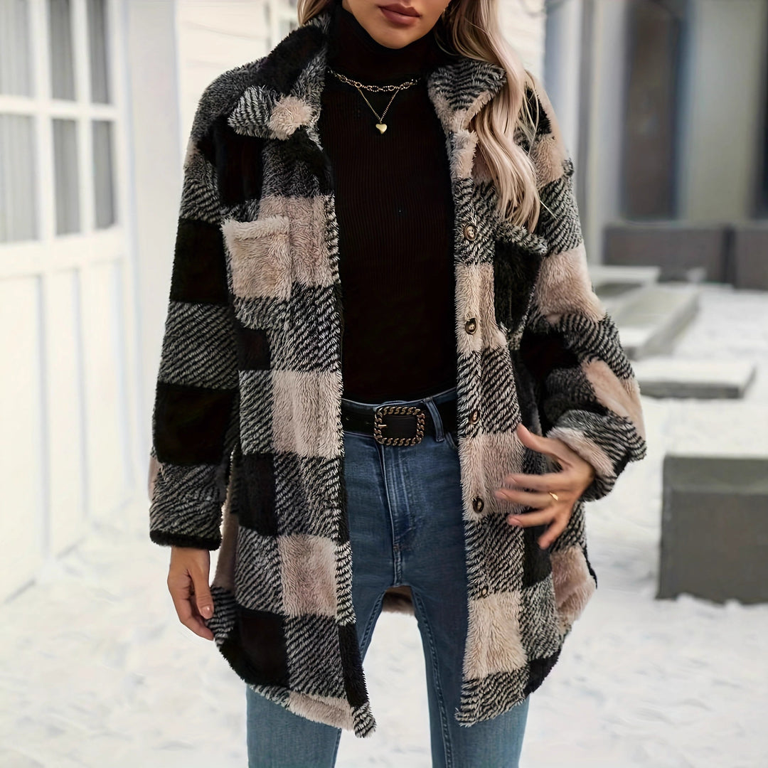 Damen Teddyjacke mit kariertem Muster und weichem Fell EB