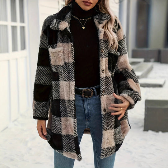 Damen Teddyjacke mit kariertem Muster und weichem Fell EB