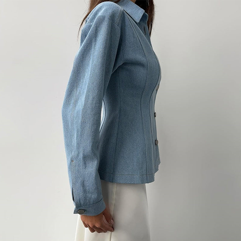 Damen taillierte Jeansbluse mit Knopfdetails EB
