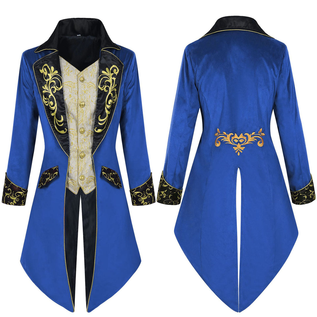 Herren nan eleganter Frackmantel im Barockstil mit goldbesticktem Revers und geteiltem Schwalbenschwanz Eb