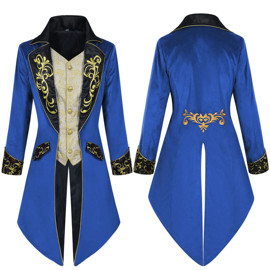 Herren nan eleganter Frackmantel im Barockstil mit goldbesticktem Revers und geteiltem Schwalbenschwanz Eb