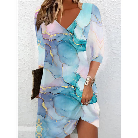 Damen V-Ausschnitt Kleid mit modernem Aquarellmuster EB