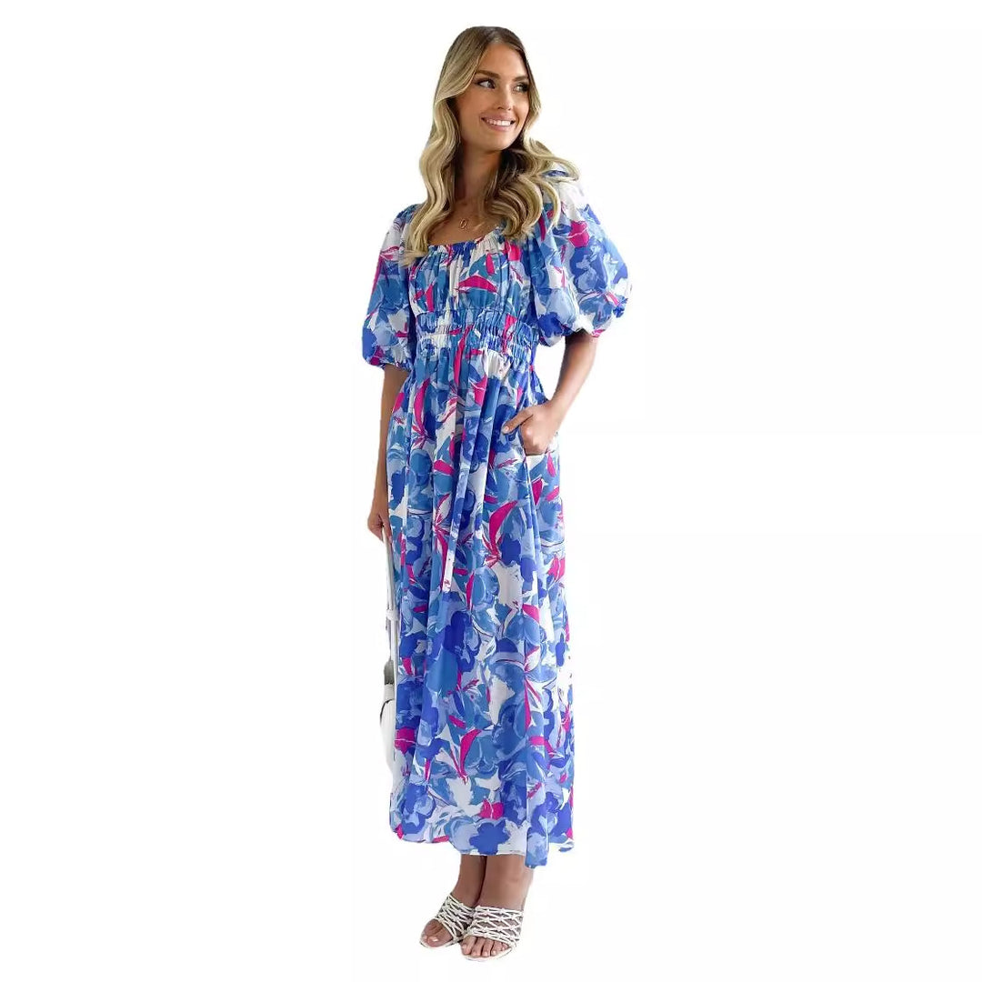 Damen Off-Shoulder Maxikleid mit floralen Mustern und elastischem Bund EB