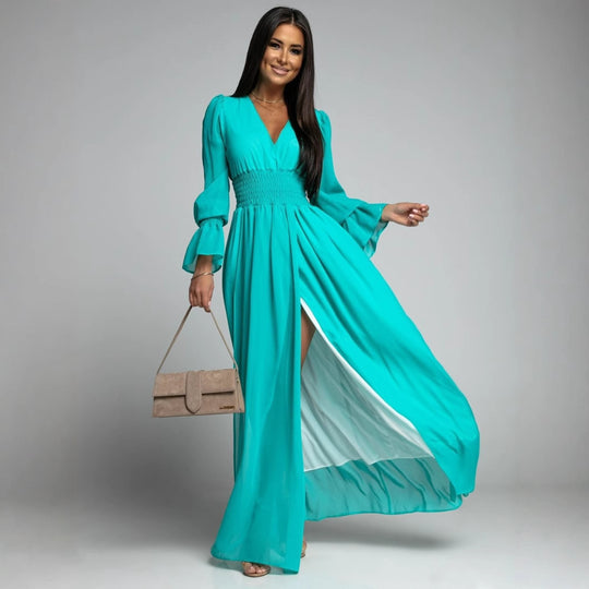 Damen Maxi-Kleid mit tiefem V-Ausschnitt und voluminösen Ärmeln EB