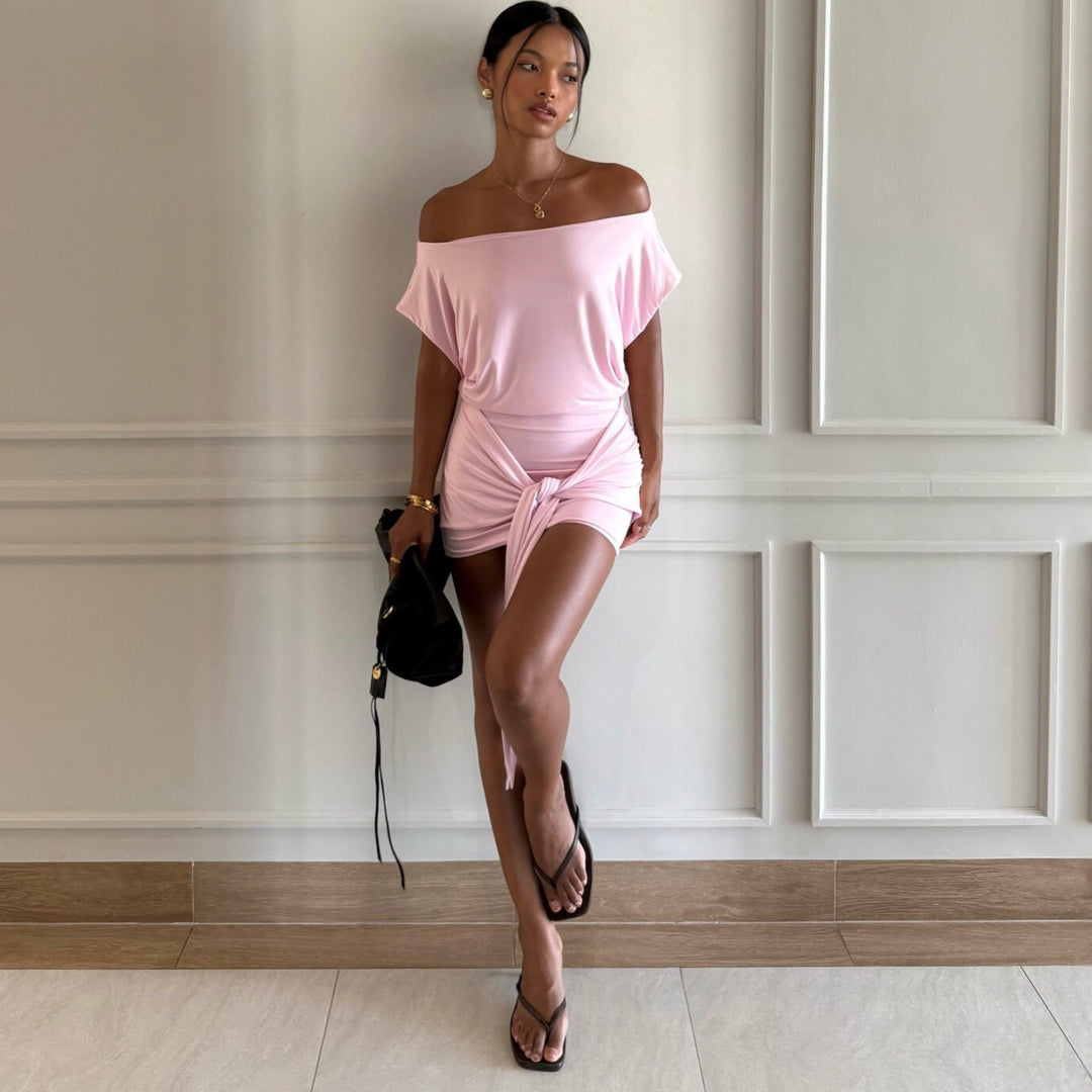 Damen Raffiniertes Minikleid mit angeschnittenem Ausschnitt und seitlichem Knoten EB