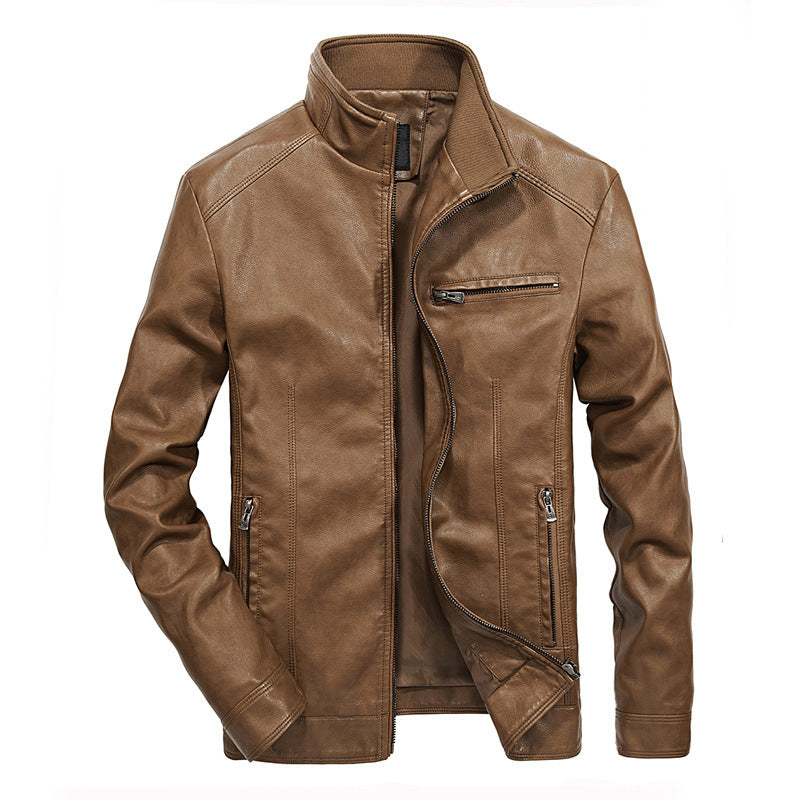 Herren Kunstleder-Bikerjacke mit hohem Stehkragen und Reißverschlussdetails EB