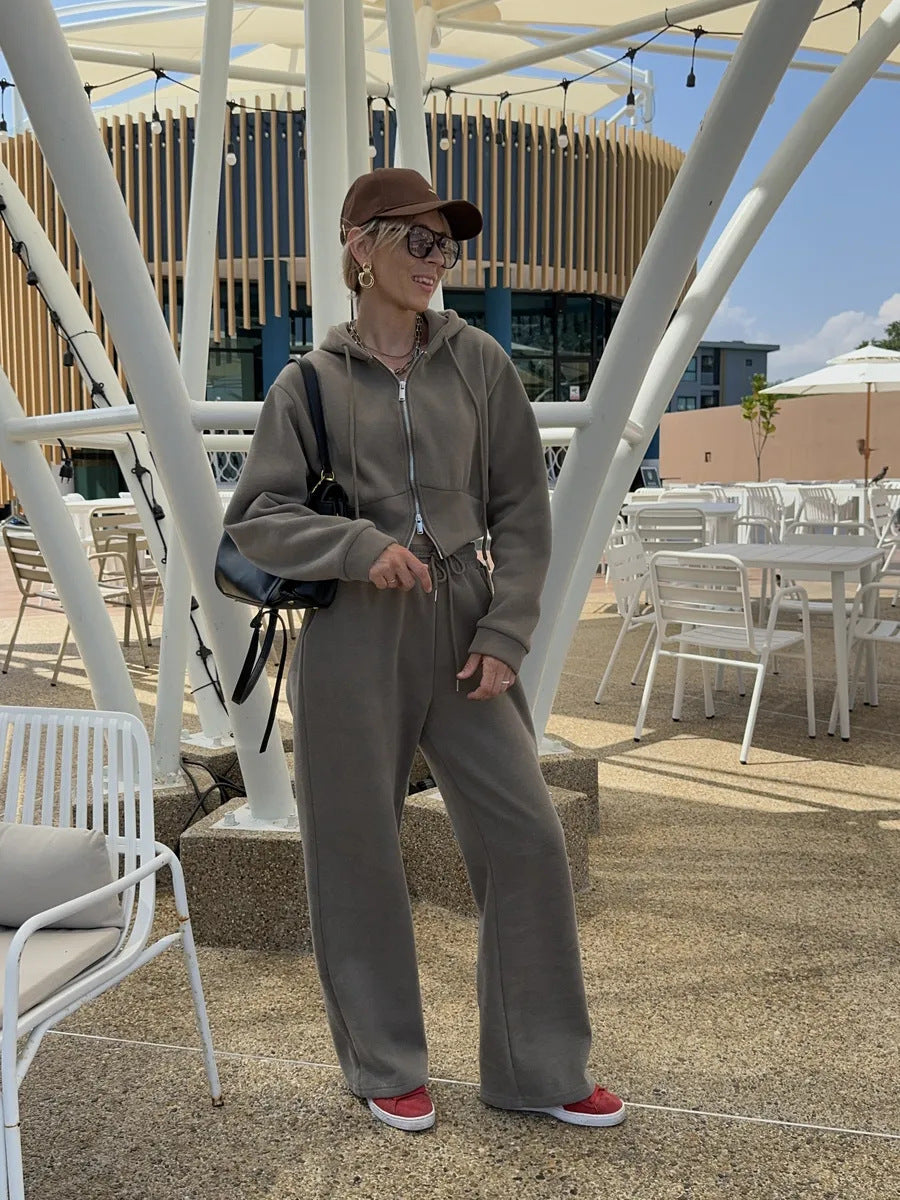 Damen Kurzgeschnittenes Zip-Hoodie mit Kordelzug‑Taille und weiter Palazzo‑Jogginghose EB