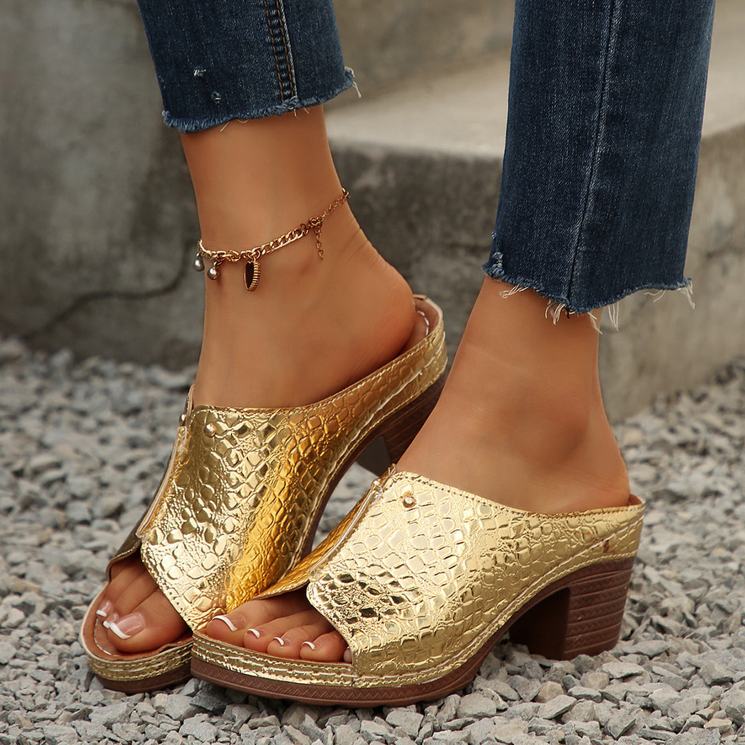 Damen Wedge-Sandaletten mit glänzender Kroko-Optik und komfortablem Blockabsatz EB
