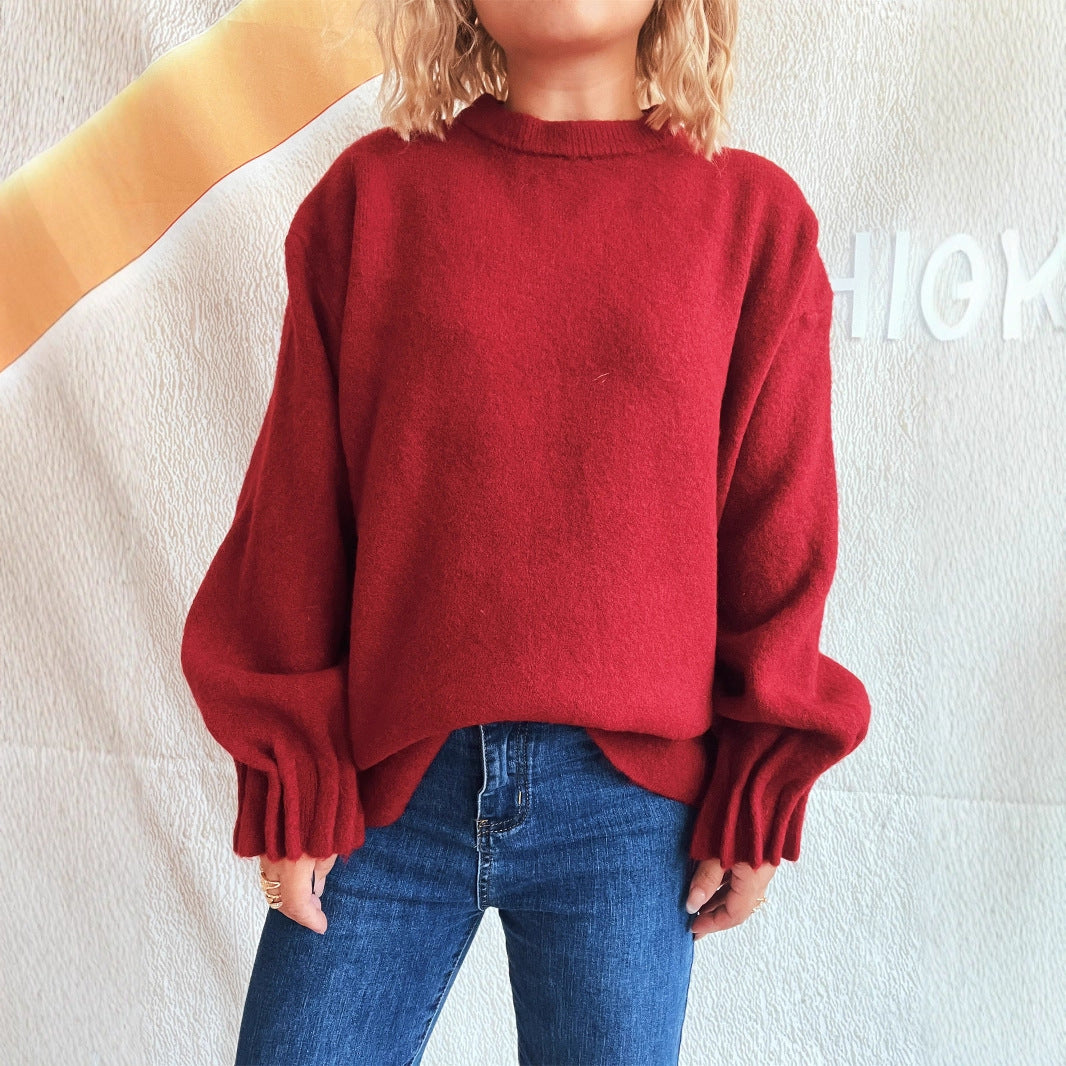 Damen lässiger Strickpullover mit weitem Rundhalsausschnitt und fluffiger Textur EB