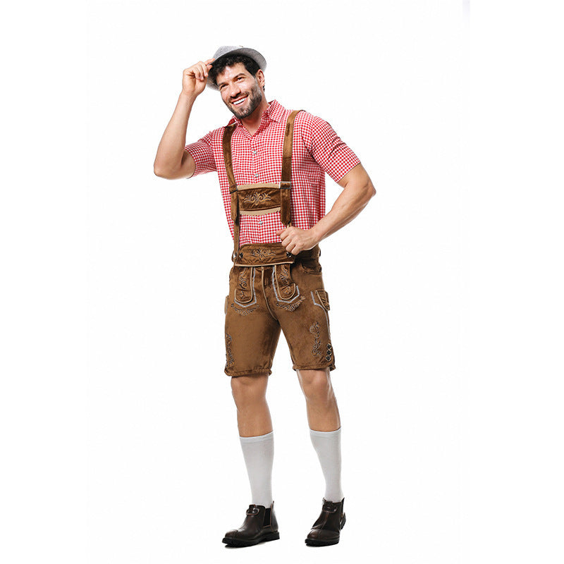 Herren nan traditionelle Trachtenlederhose mit bestickten Hosenträgern, kariertem Trachtenhemd und Filzhut EB
