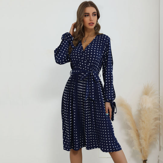 Damen Wickelkleid mit Punktmuster und langem Ärmel EB