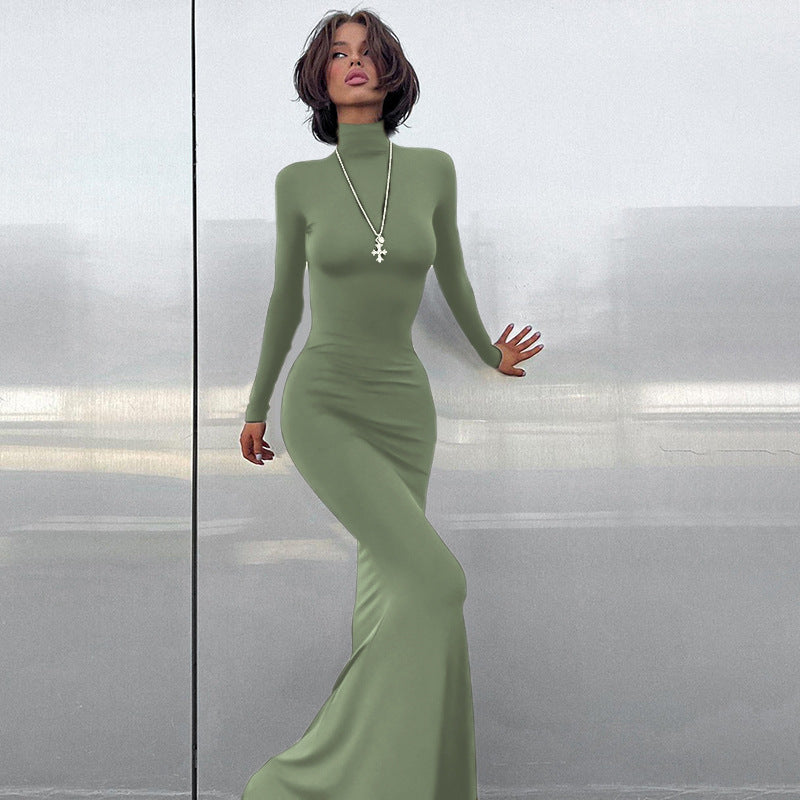 Damen elegantes Maxikleid mit figurbetonter Silhouette und hohem Kragen EB