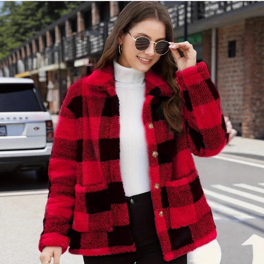 Damen nan gefütterte Karo Teddy-Fleece Shacket mit Knopfleiste und aufgesetzten Taschen EB