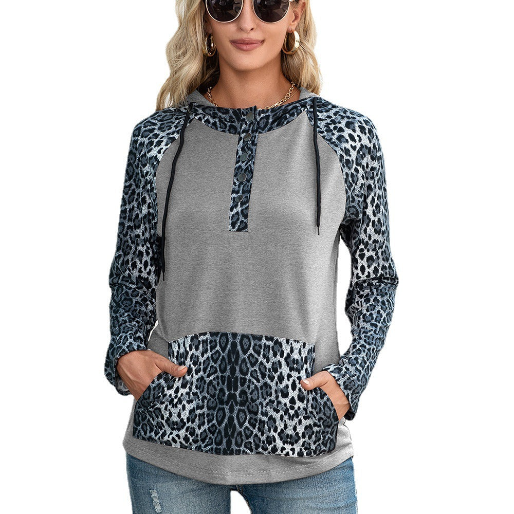 Damen Kapuzenpullover mit Leopardenmuster und Kängurutasche EB