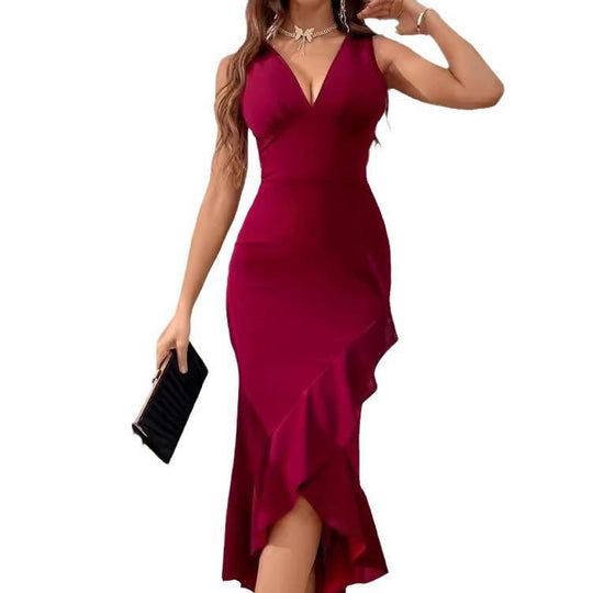 Damen figurbetontes Kleid mit asymmetrischem Saum und V-Ausschnitt EB