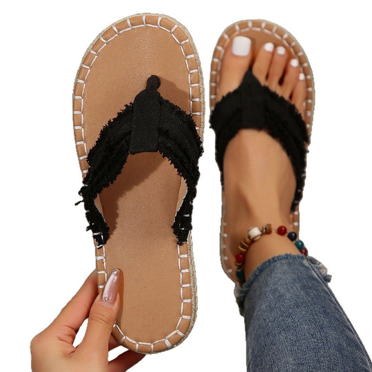 Damen lässige Zehentrenner-Sandalen mit raffinierten Fransen und bequemer Fußbettung EB