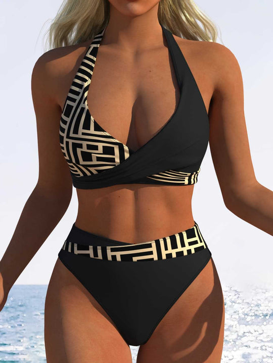 Damen Hoch geschnittenes Bikini-Set mit modischem Wickeloberteil und elastischem Bund EB