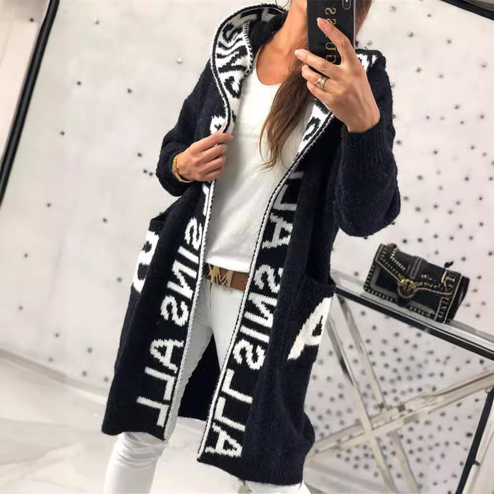Damen Langarm-Strickcardigan mit Kapuze und praktischen Taschen EB