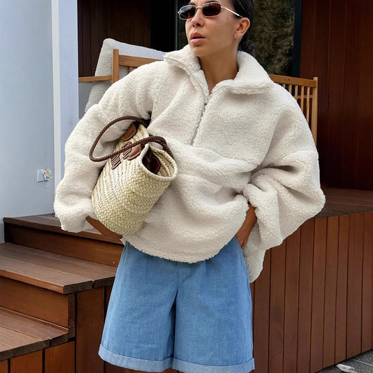 Damen Fleece-Pullover mit hohem Kragen und seitlichen Taschen EB