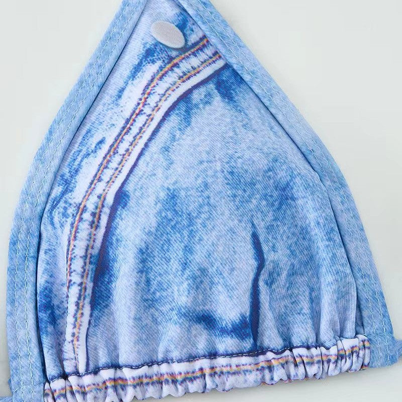 Damen Triangel-Bikini mit Jeans-Optik und geflochtenen Bindebändern EB