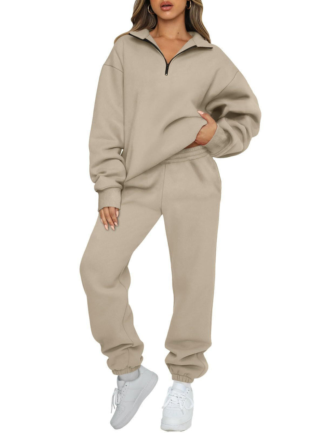 Damen nan oversized Sweatshirt Jogginghose Set mit Reißverschlusskragen EB