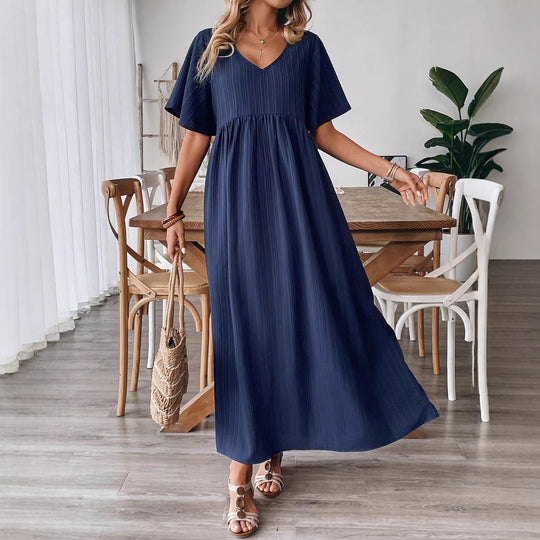 Damen Maxikleid mit feinen Falten und V-Ausschnitt EB
