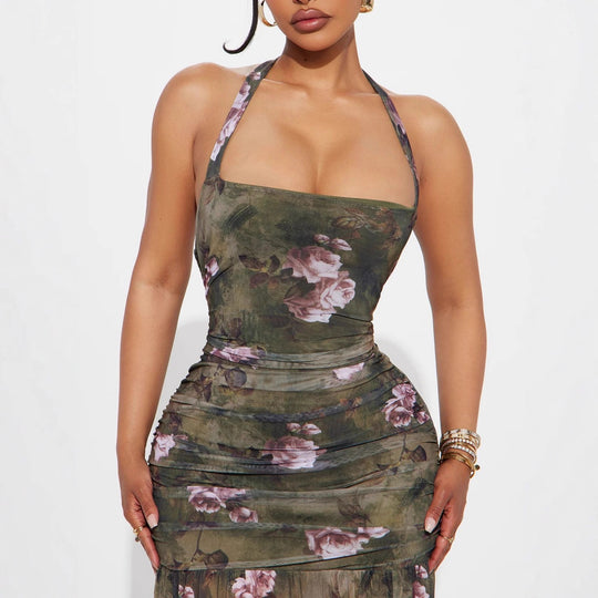 Damen Schulterfreies Maxikleid mit elastischen Rüschendetails EB