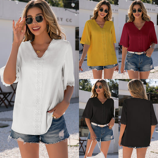 Damen elegante Bluse mit Spitzenbesatz und V-Ausschnitt EB
