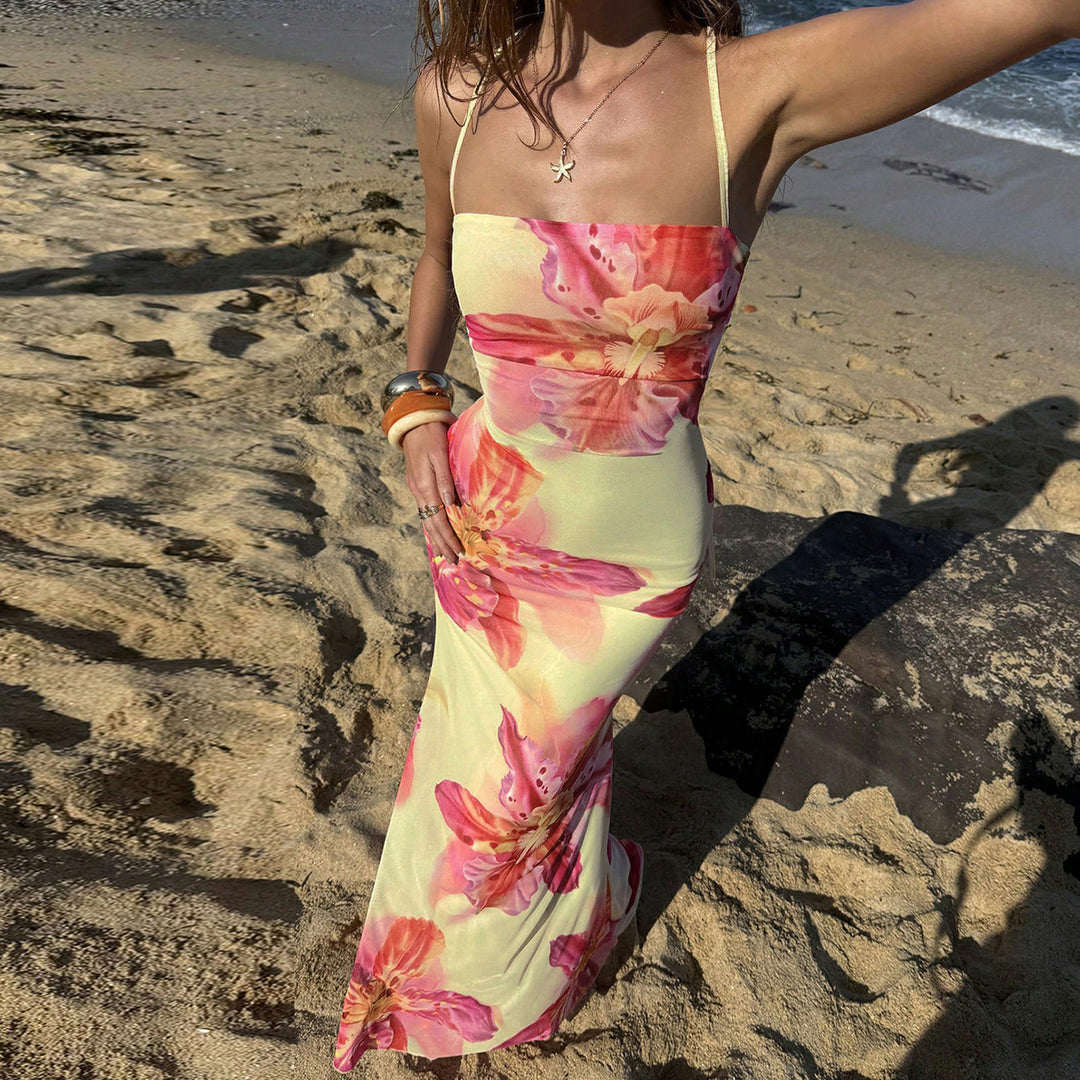 Damen Maxikleid mit floralem Design und Spaghettiträgern EB
