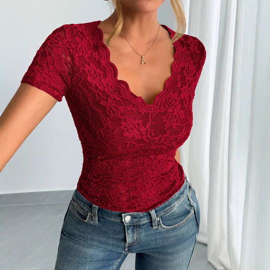 Damen Elegantes Spitzenoberteil mit tiefem V-Ausschnitt und konturiertem Schnitt EB
