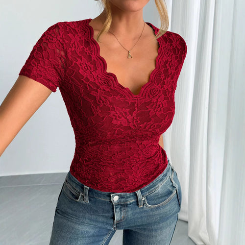 Damen Elegantes Spitzenoberteil mit tiefem V-Ausschnitt und konturiertem Schnitt EB
