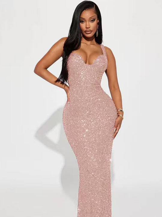 Damen Glamouröses Pailletten Abendkleid mit tiefem Ausschnitt EB