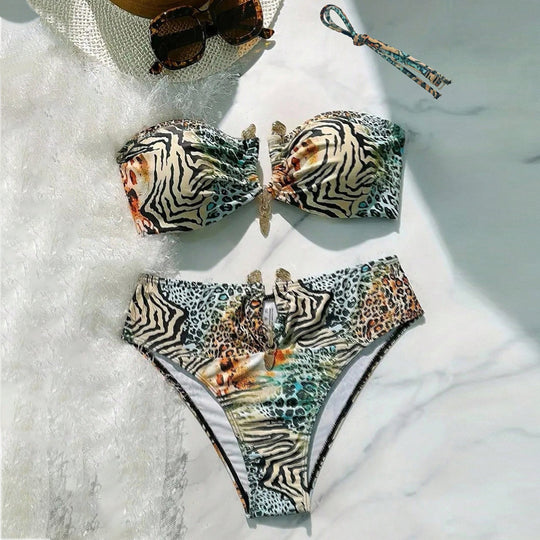 Damen Bandeau-Bikini mit animalischem Muster und dekorativem Verschluss EB