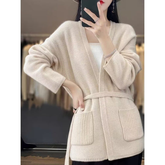 Damen bequeme Strickjacke mit Taillengürtel und Taschen EB