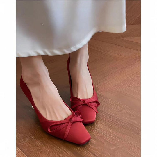 Damen Elegante flache Ballerinas mit quadratischer Zehenpartie und dekorativer Schleife EB