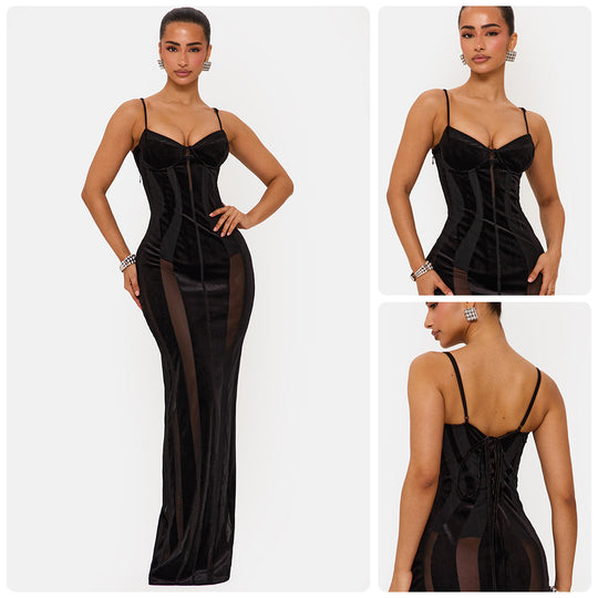 Damen Bodycon Kleid mit raffiniertem Korsett-Oberteil und transparenten Einsätzen EB