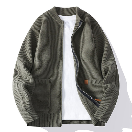 Herren nan gerippte Strickjacke mit durchgehendem Reißverschluss und aufgesetzten Taschen EB