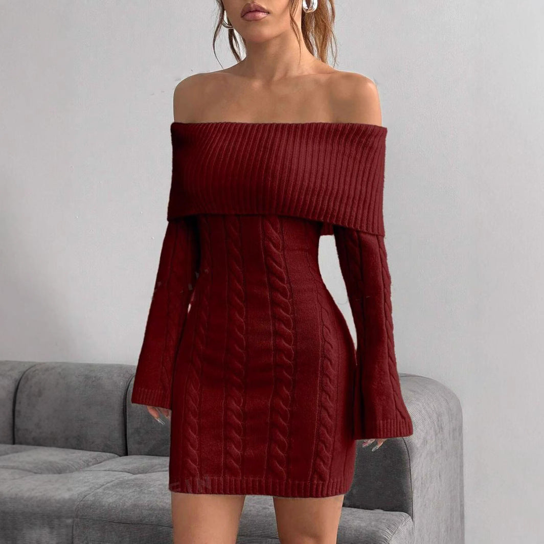 Damen Off-Shoulder Strickkleid mit Zopfmuster und voluminösen Ärmeln EB