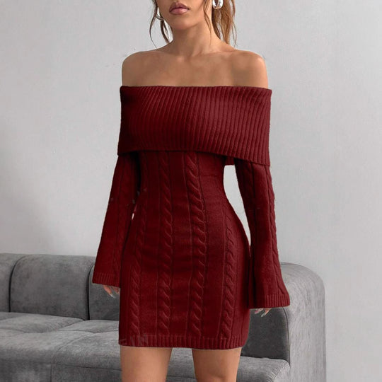 Damen Off-Shoulder Strickkleid mit Zopfmuster und voluminösen Ärmeln EB
