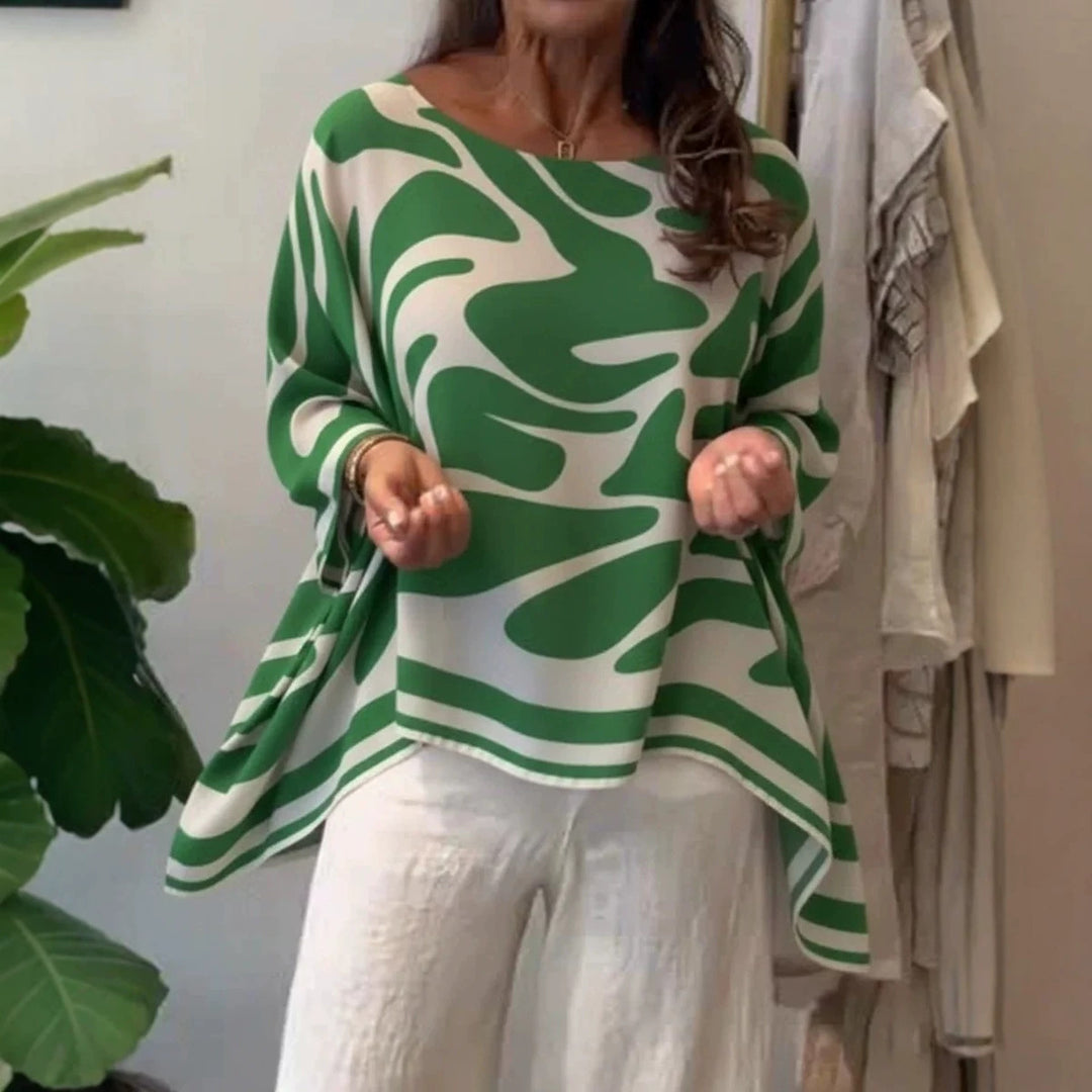 Damen Oversize Sommerbluse mit abstraktem Print, Fledermausärmeln und asymmetrischem Saum EB