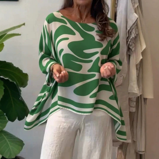 Damen Oversize Sommerbluse mit abstraktem Print, Fledermausärmeln und asymmetrischem Saum EB