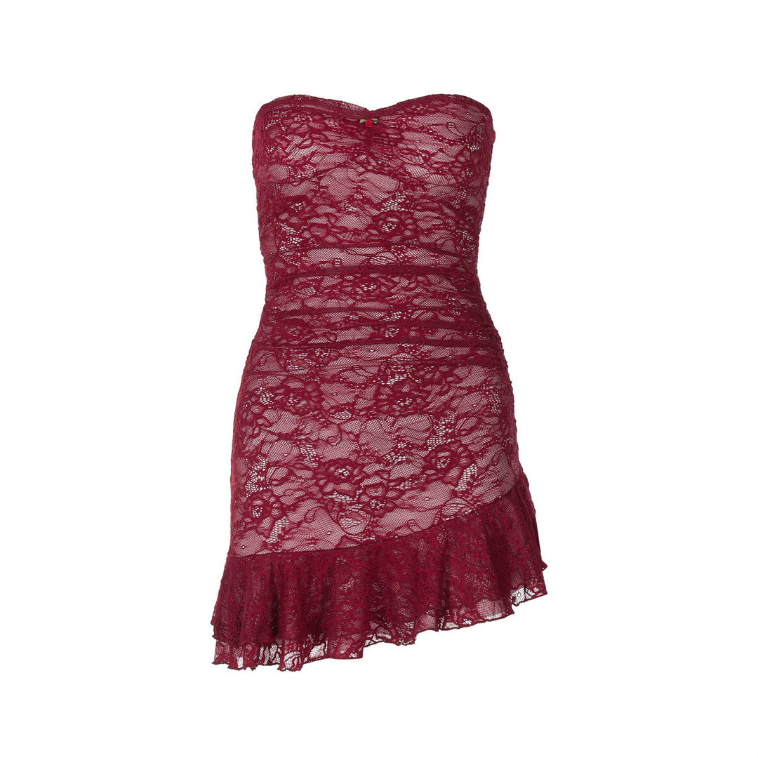Damen Spitzenkleid mit schulterfreiem Design und eleganter Rüschendetail EB