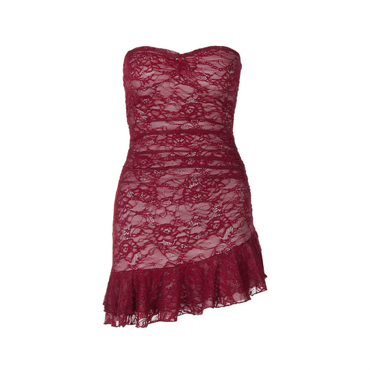 Damen Spitzenkleid mit schulterfreiem Design und eleganter Rüschendetail EB